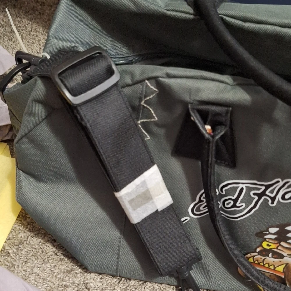 NWOT Medium Ed Hardy Gray Canvas Duffel Bag with Iconic Bulldog Design